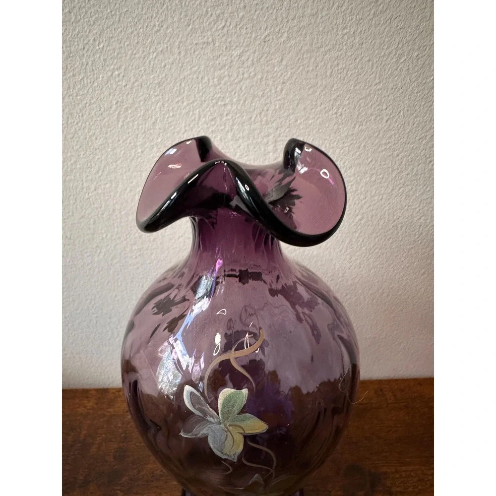 Hand Painted Amethyst Purple Glass Vase Signed by C Smith Ruffled Rim Floral